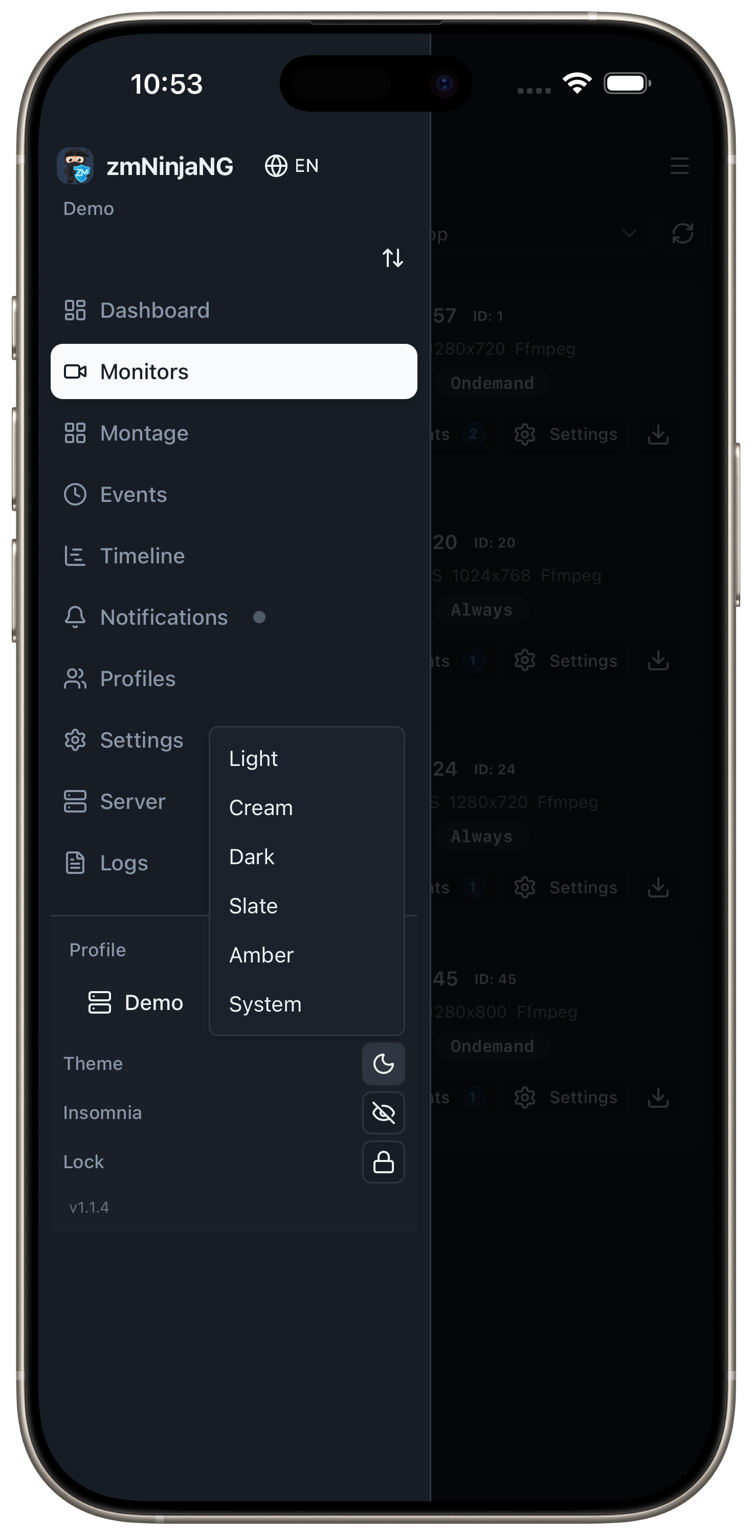 Sidebar showing theme picker with light, cream, dark, slate, and amber options