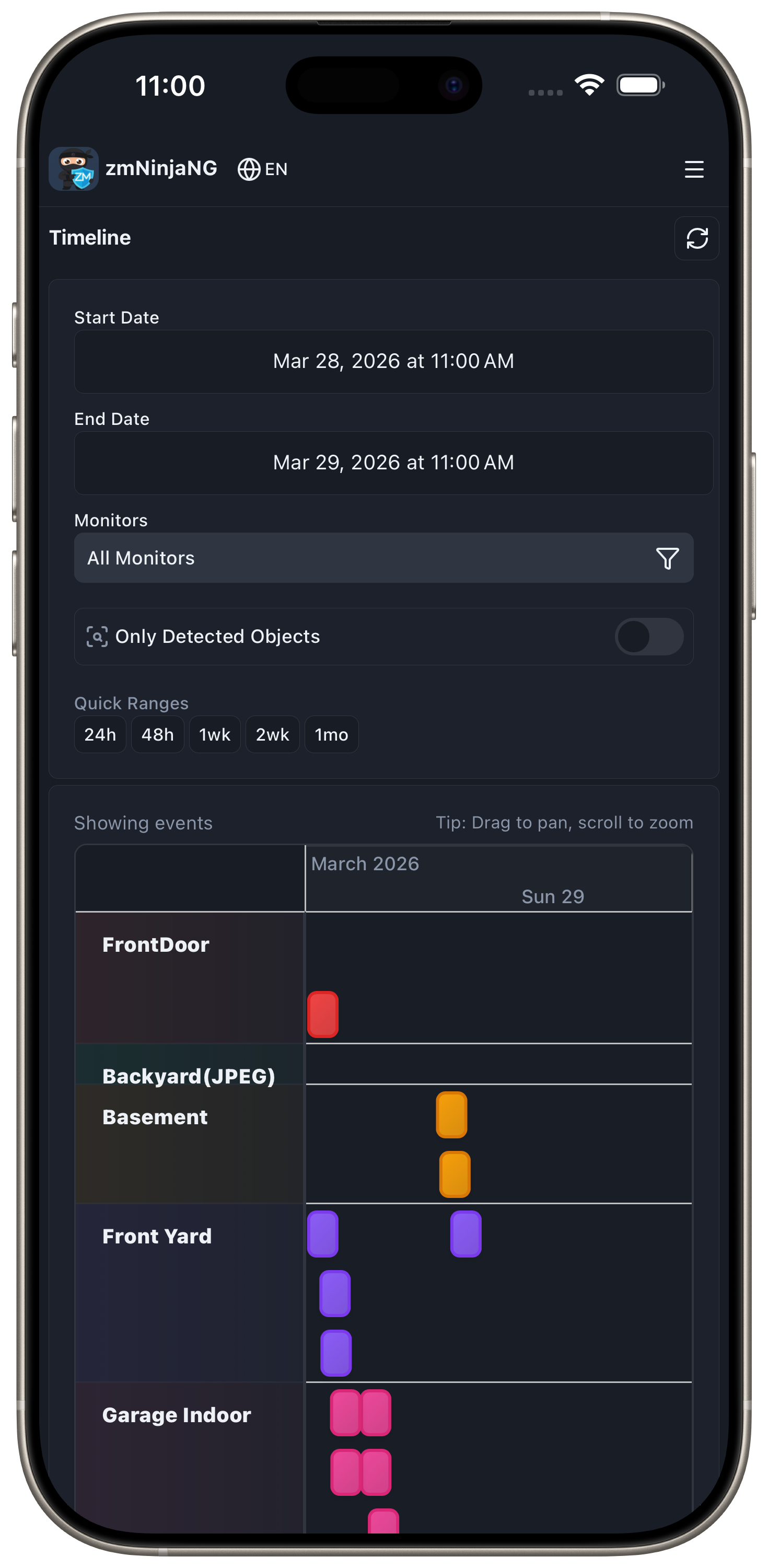 Timeline view with color-coded event blocks across monitors
