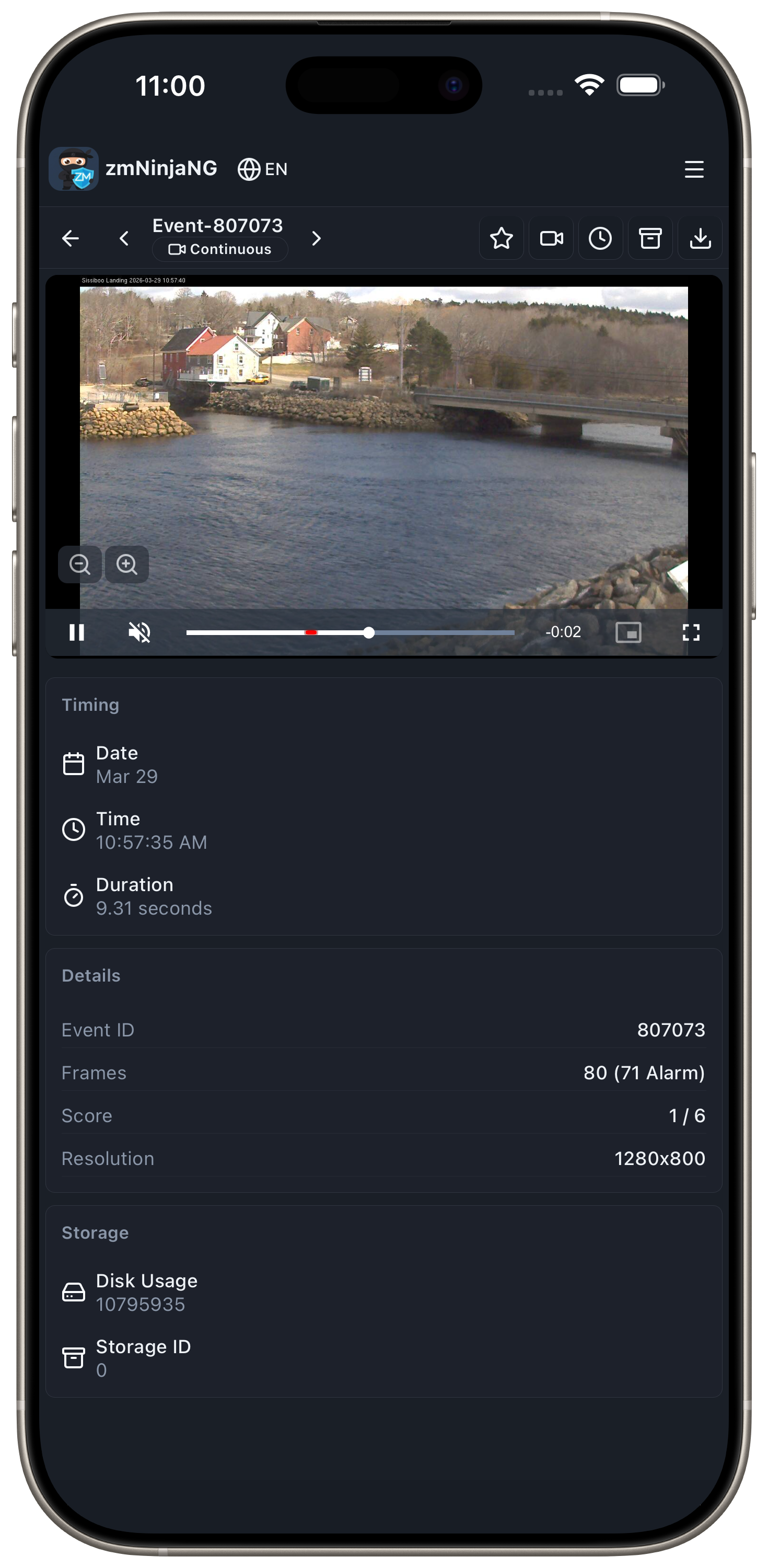 Event detail with video playback, timing, and metadata