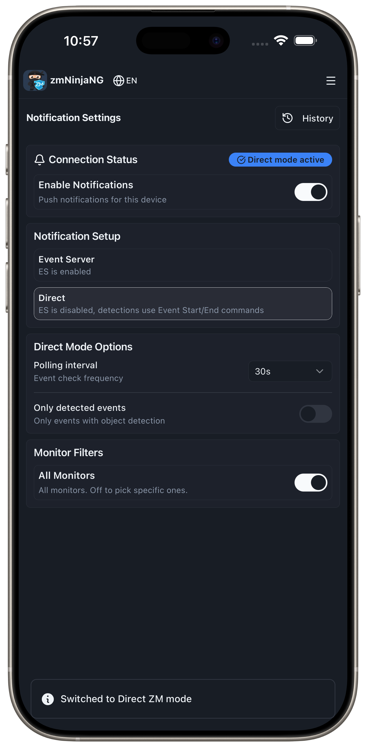 Notification settings with direct mode and monitor filters