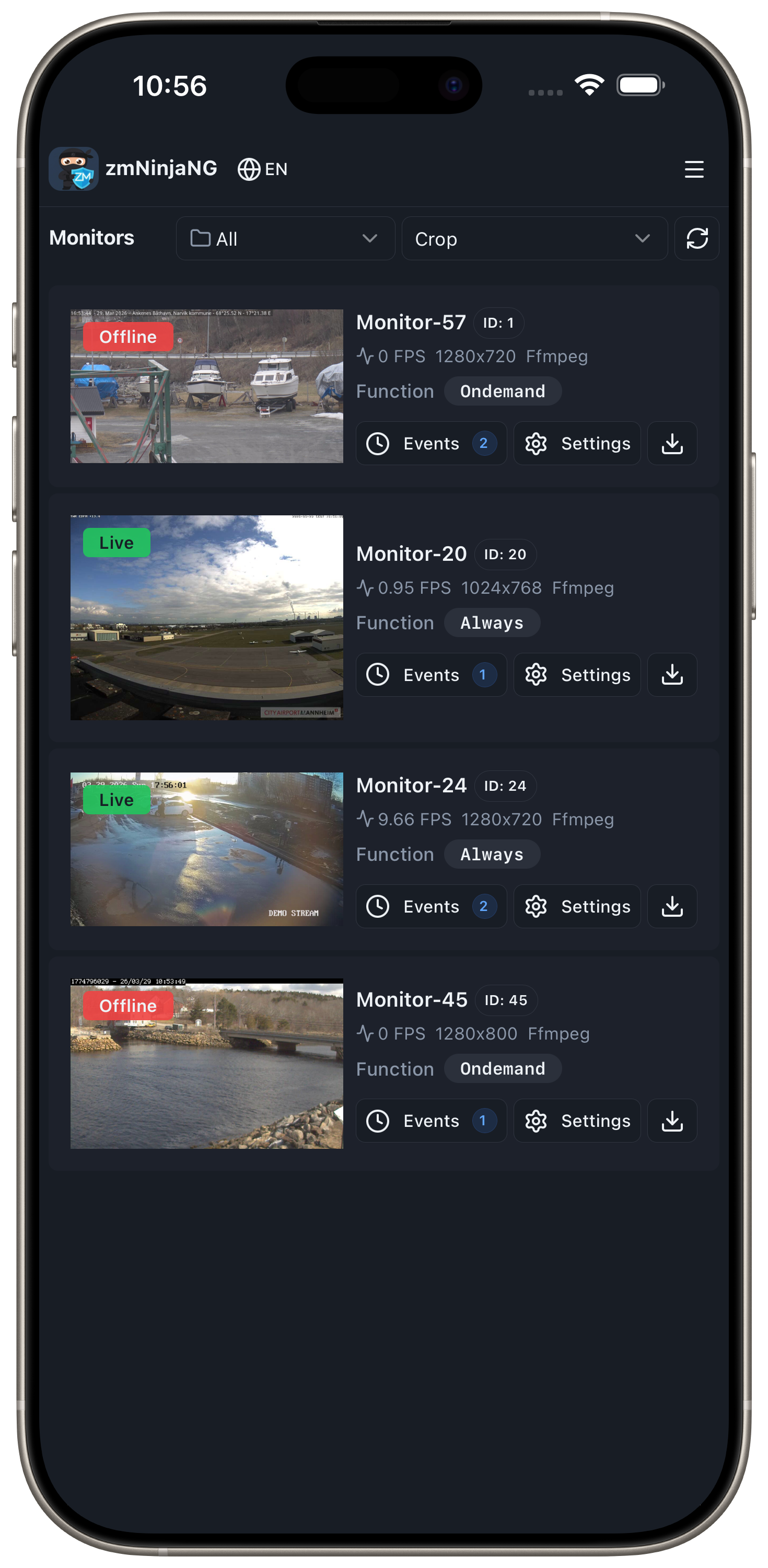 Monitors list showing live and offline cameras with status details